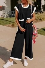 Black Color Block Pocketed T Shirt and Wide Leg Pants Set - Black / / 70%Polyester+%Viscose+%Elastane