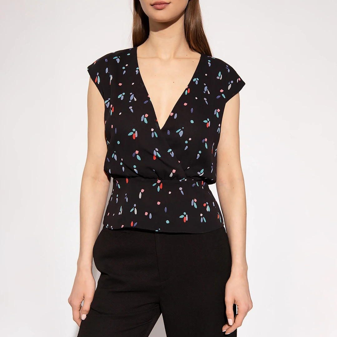Black Contrast Print Wrap Blouse ulti