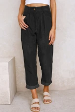 Black Corduroy High Waist Straight Leg Trousers - BLACK / / 100%COTTON