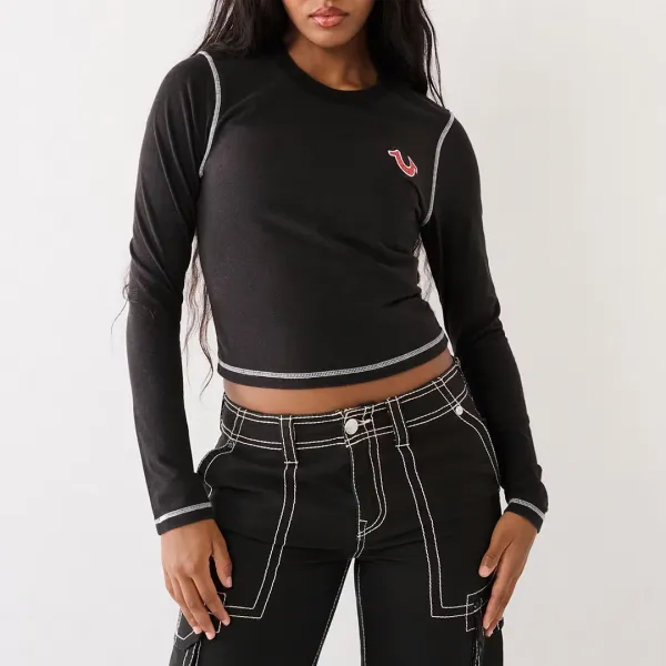 Black Crew Neck Long Sleeve Top - Black