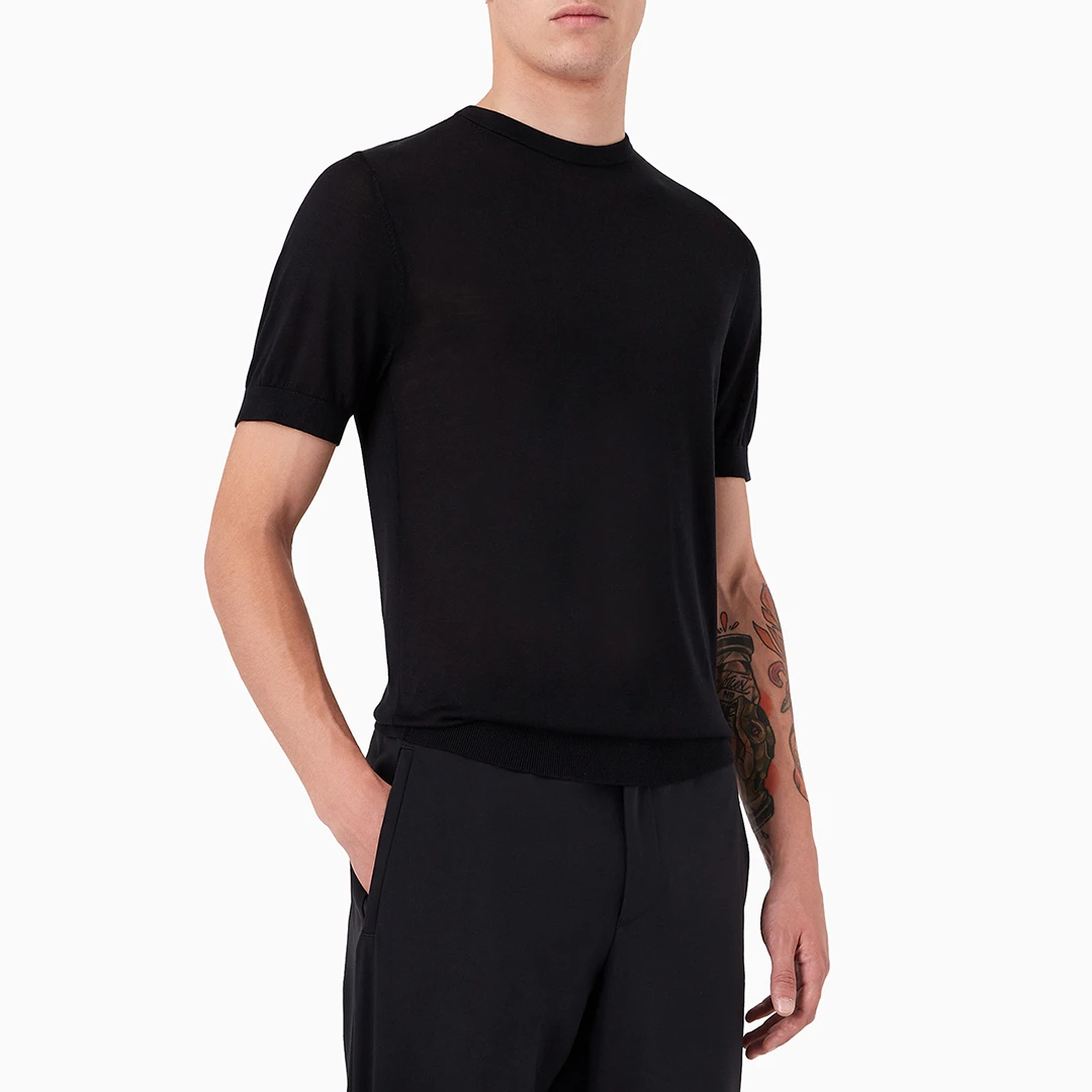Black Crew Neck Silk Blend Top - Navy