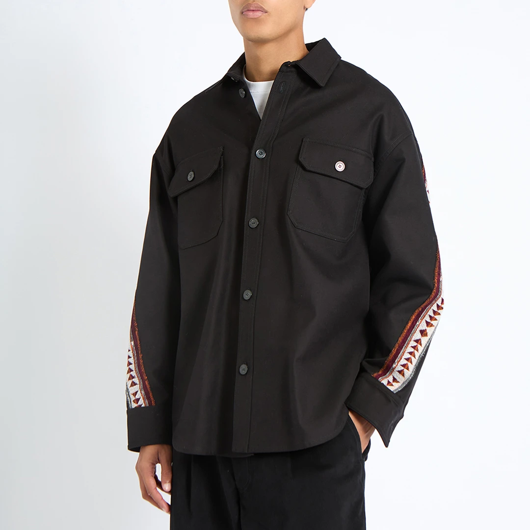 Black Embroidered Stripe Cotton Blend Jacket