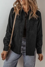 Black Flap Pocket Buttons Collared Jean Jacket - BLACK / / 82%COTTON+%POLYESTER+%VISCOSE Black Flap Pocket Buttons Collared Jean Jacket - BLACK / / 82%COTTON+%POLYESTER+%VISCOSE