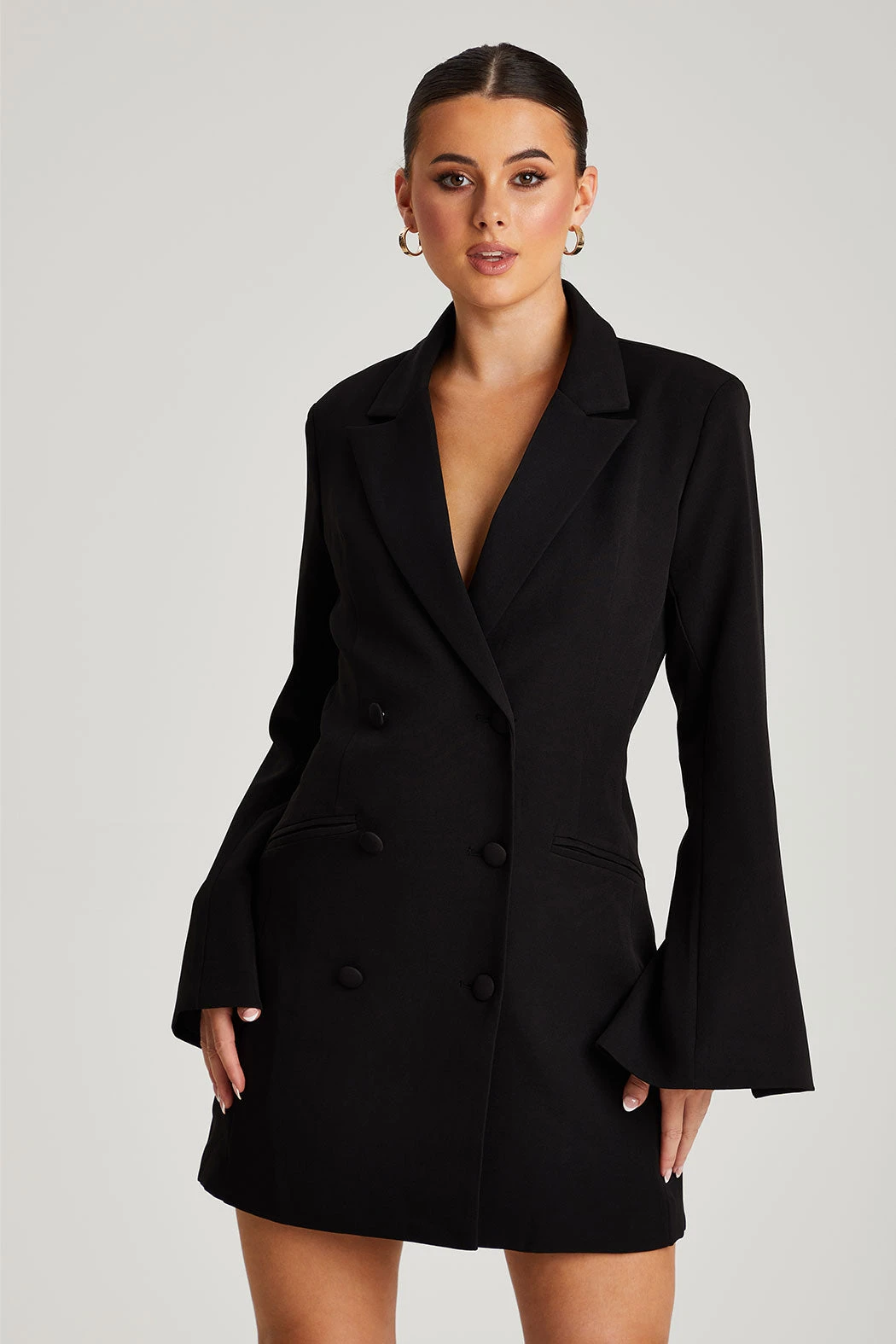 Black Flare Sleeve Fitted Blazer Dress /