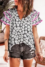 Black Floral Contrast Ric Rac Layered Ruffle Sleeve Blouse - BLACK / / 100%COTTON