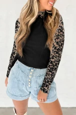 Black Floral Lace Patchwork Long Sleeve High Neck Slim Top - Black / / 93%Viscose+%Elastane