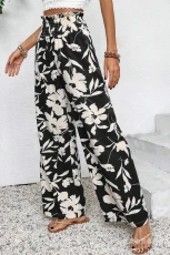 Black Floral Print Smocked High Waist Wide Leg Trousers - Black / / 95%Polyester+%Elastane