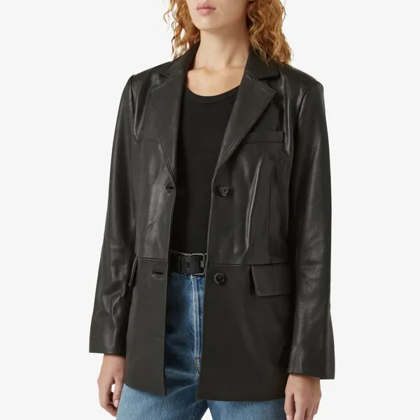 Black Foil Leather Blazer - Black