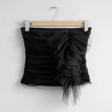 Black Gathered Ruffle Bandeau Top