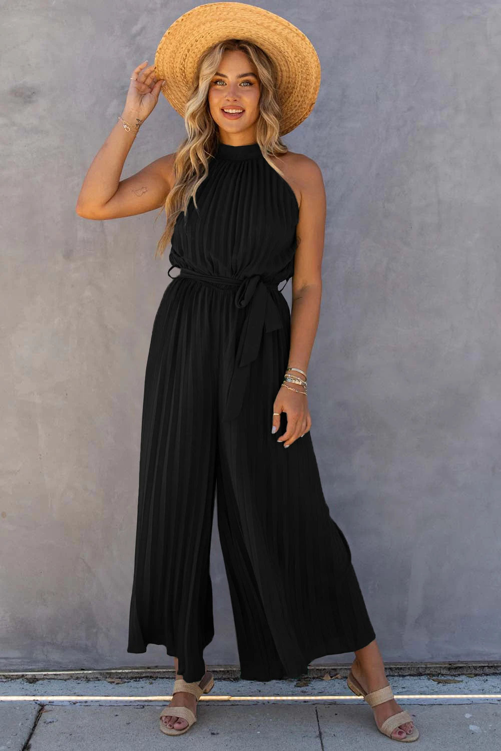 Black Halter Neck Pleated Wide Leg Jumpsuit with Belt - BLACK / / 100%POLYESTER