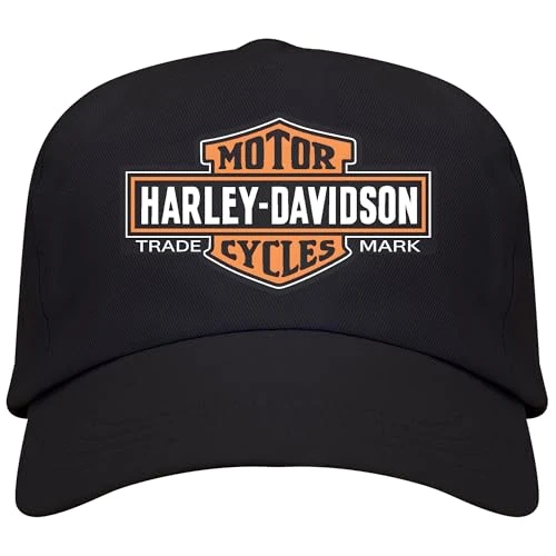 Black Harley Davidson Logo Cap for Men - 100% Cotton 340 g/m² - Durable Style in 5 Panels, Black/White, One Size