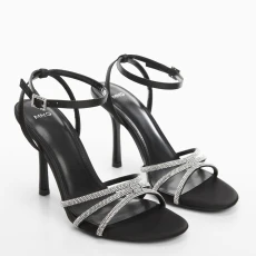 Black Heeled Rhinestone Strappy Sandals