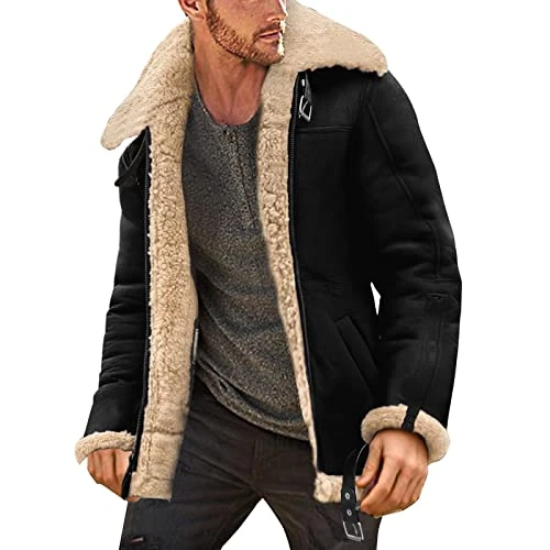 Black Jacket Men Quilted Leather Jacket Long Sleeve Lapel Collar Simple A la Mens Thick Sheepskin Jacket Vintage Jack Leather, Black/White, XL