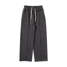 Black Jeans Mens - Drawstring Denim Pants Straight Wide Jeans Loose Fit Flat-Front Denim Pant Breathable Wide Leg Pants Casual Office Work Pants Outdoor Lounge Trouser Elastic Waist Pants XXXXXL