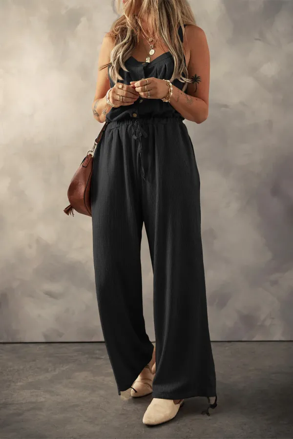 Black Knotted Straps Button Textured Drawstring Jumpsuit - BLACK / / 95%POLYESTER+%ELASTANE - BLACK