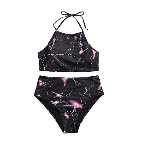 Black Ladies Bikini Sets Size 6 to 8 UK Tummy Control Bathing Suit with Shorts Cross Front Women's Bikini Set V Neck Padded Bathing Suits Swimsuits Deals of The Day Sale Holiday