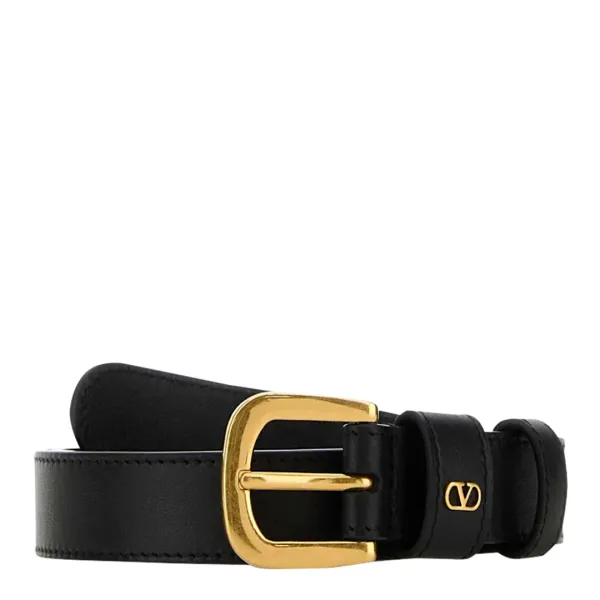 Black Leather & Gold Buckle Small V Double Loop Belt - Size 80cm
