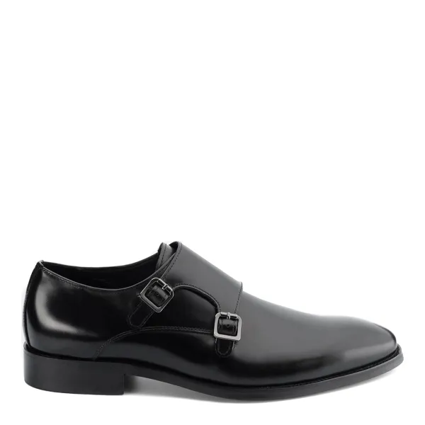 Black Leather Monkton Double Monk Shoe - Black