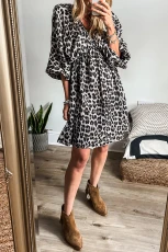Black Leopard Print Elasticated V Neck / Puff Sleeve Dress - BLACK / Black Leopard Print Elasticated V Neck / Puff Sleeve Dress - BLACK /