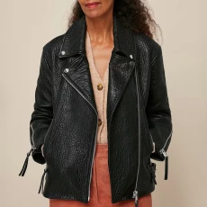Black Lily Textured Leather Biker Jacket