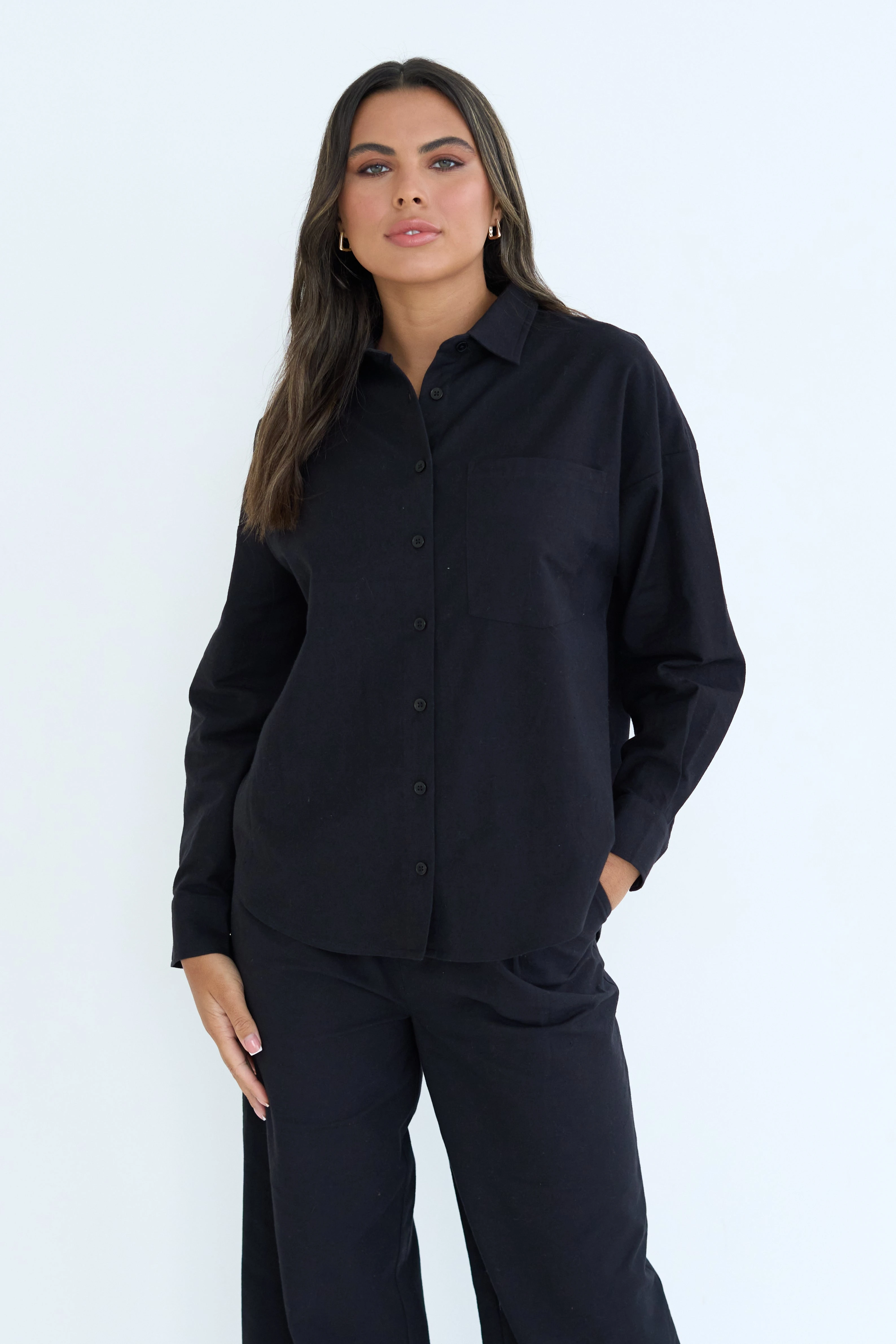 Black Linen Blend Oversized Shirt /