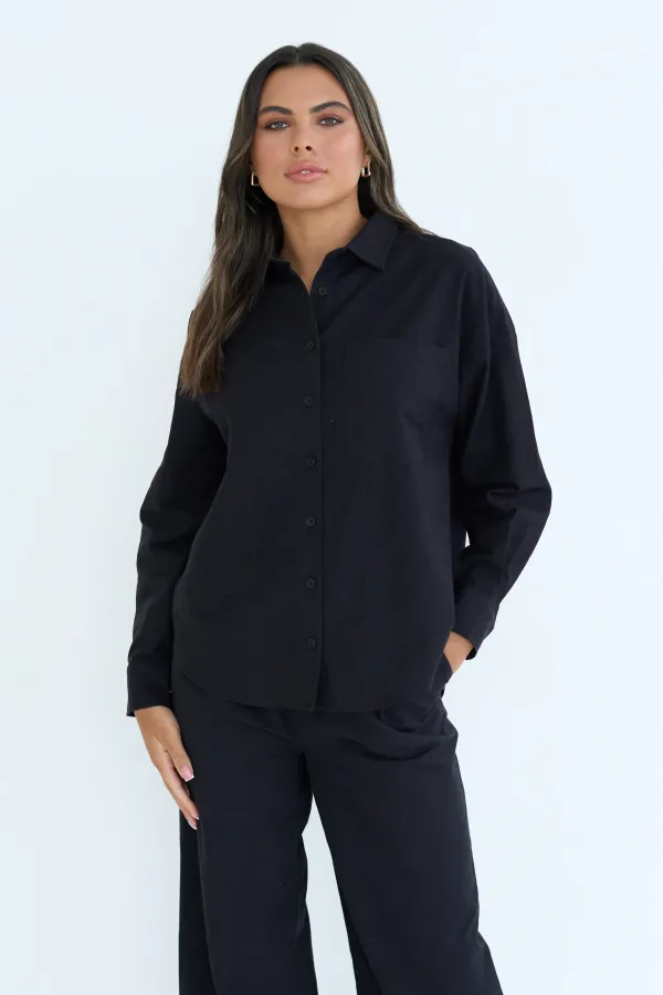 Black Linen Blend Oversized Shirt