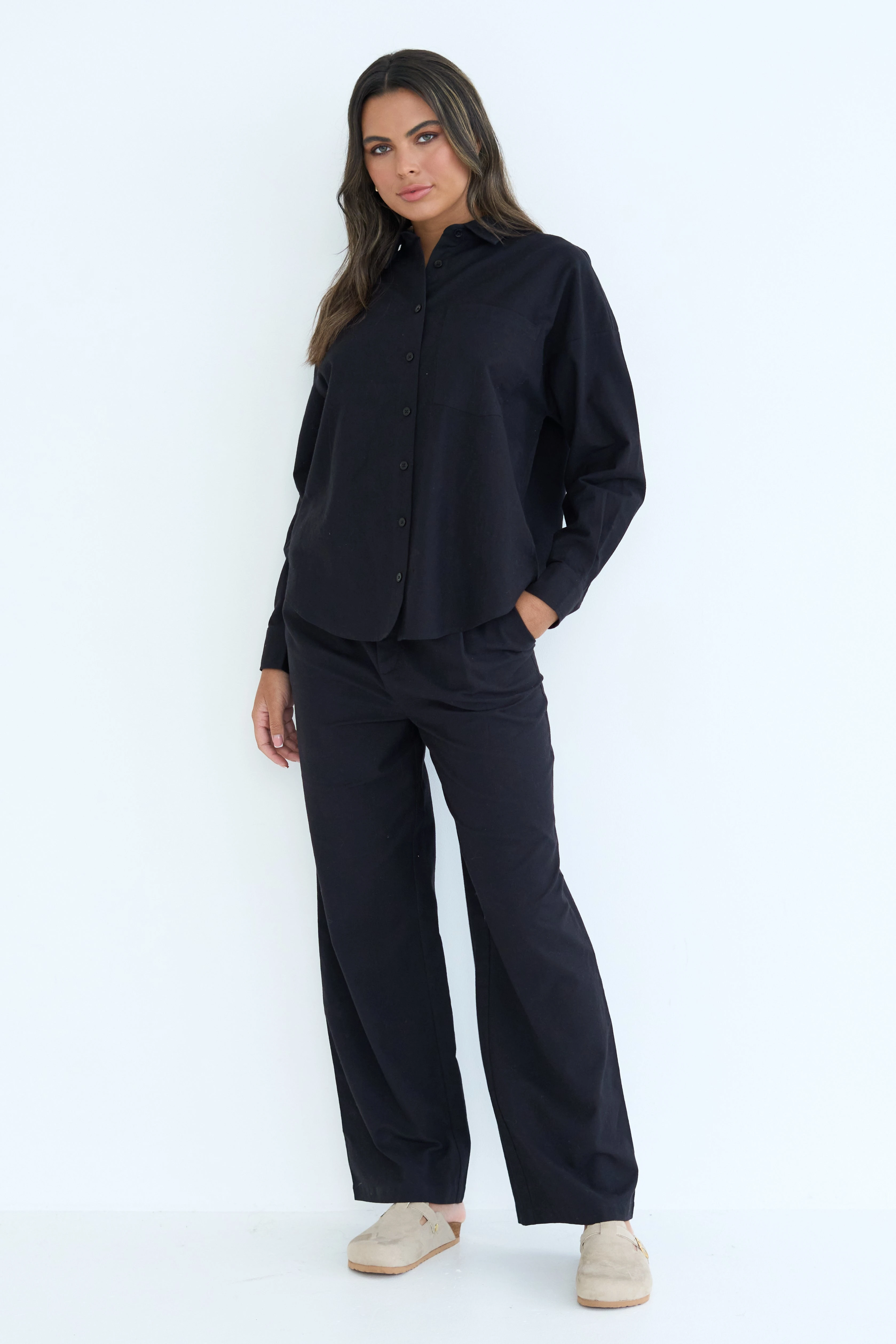 Black Linen Blend Wide Leg Trouser /