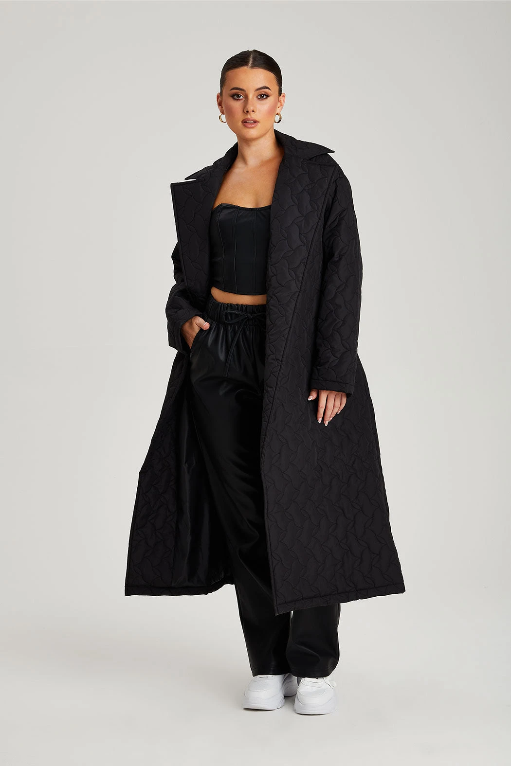 Black Longline Quilted Belted Jacket /