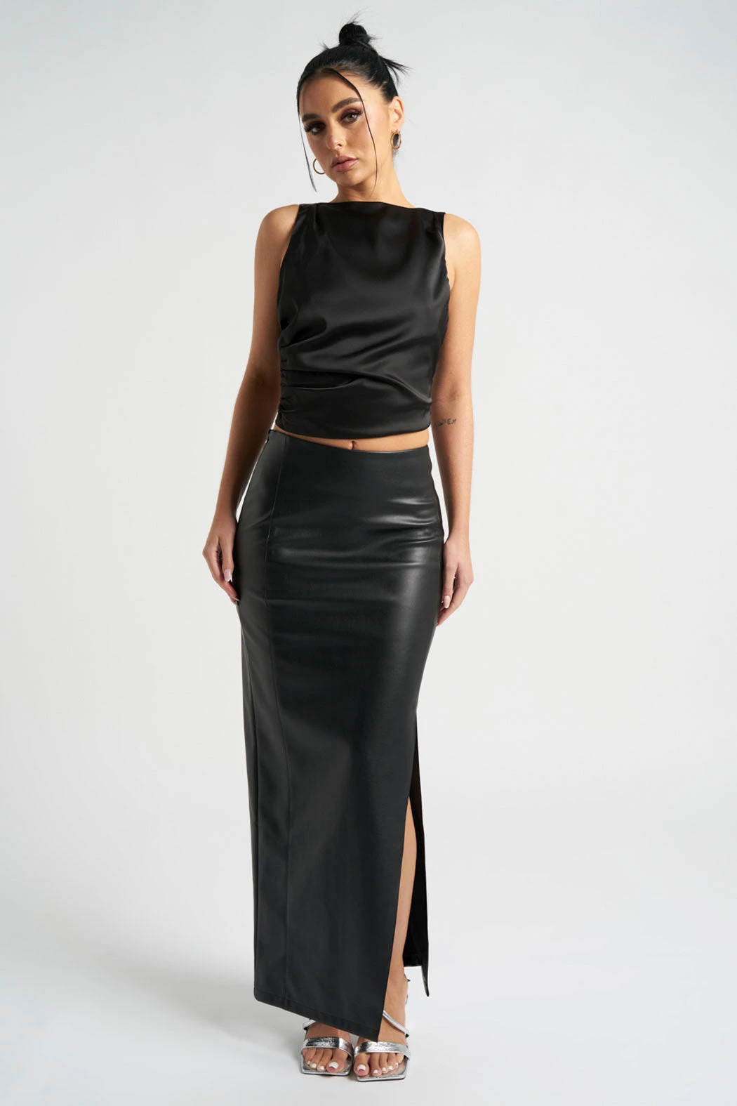 Black Maxi Side Split PU Skirt /