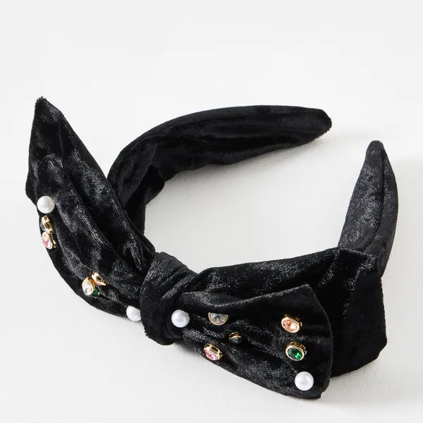 Black Meike Stone Detail Statement Velvet Bow Headband