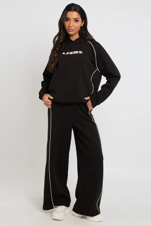 Black Piped Wide Leg Joggers