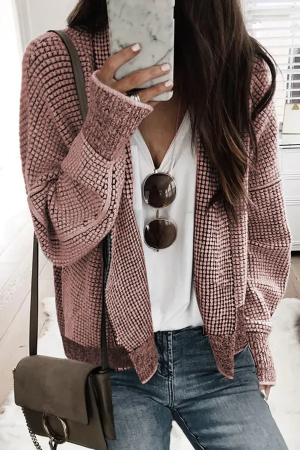 Black Plaid Contrast Trim Open Front Cardigan - PEACH BLOSSOM / / 65%ACRYLIC+%POLYESTER