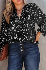 Black Plus Size Floral Print Ruched Split Neck Blouse - BLACK / 1X / 100%POLYESTER