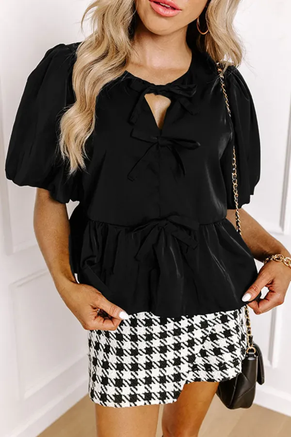 Black Puff Sleeve Bowknot Front Peplum Blouse - Black / / 100%Polyester - Black