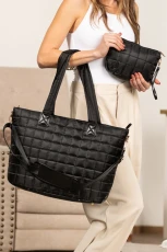 Black Quilted Patchwork Large Tote Bag and Clutch 2pcs Set - Black / ONE SIZE