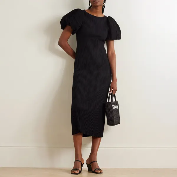 Black Ribbed Bodycon Midi Dress