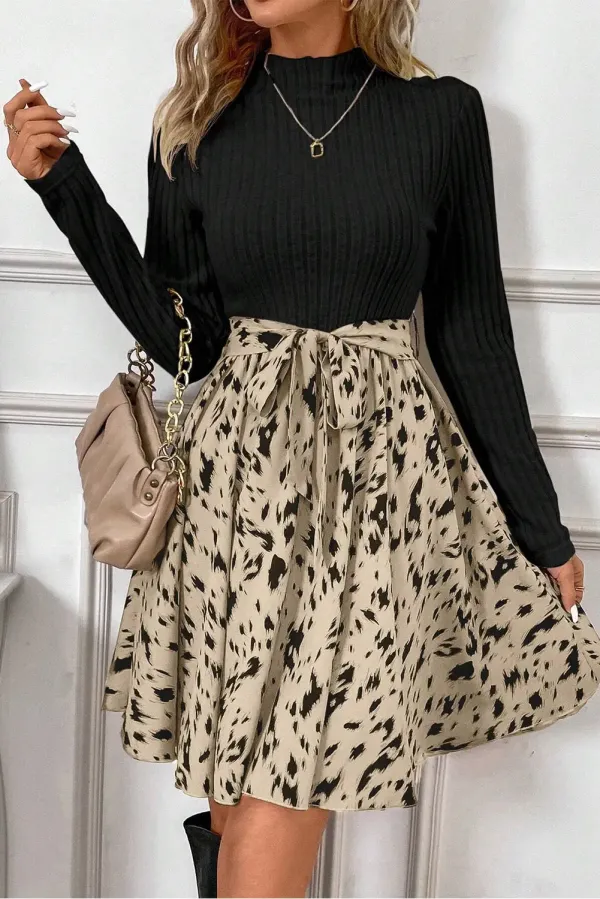 Black Ribbed Knit Patchwork Printed Belted A-line Dress - BLACK / / 85%POLYESTER+%VISCOSE+%ELASTANE - BLACK