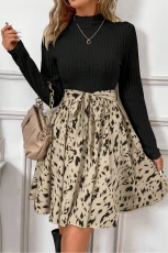 Black Ribbed Knit Patchwork Printed Belted A-line Dress - BLACK / / 85%POLYESTER+%VISCOSE+%ELASTANE