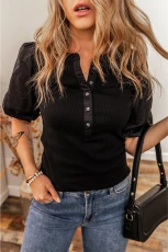 Black Ribbed Patchwork Puff Sleeve Half Button Placket Slim Fit Top - Black / / 93%Viscose+%Elastane