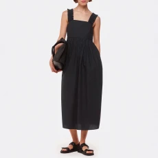 Black Ruffle Strap Poplin Midi Dress