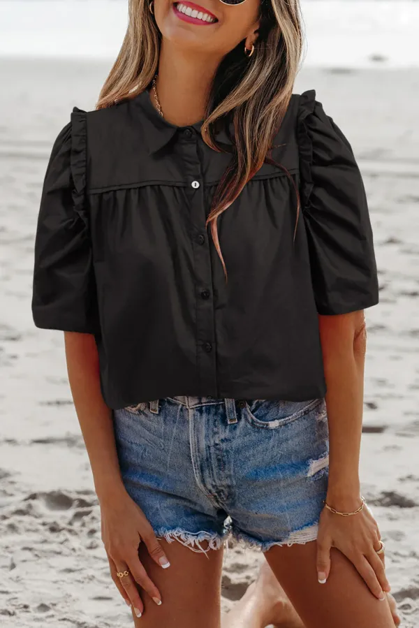 Black Ruffled Puff Sleeve Stylish Collared Shirt - Black / / 100%Cotton - Black