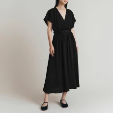 Black Satin Gathered Midi Dress