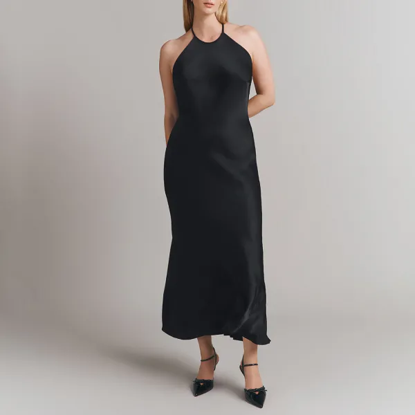 Black Satin Halterneck Midaxi Dress