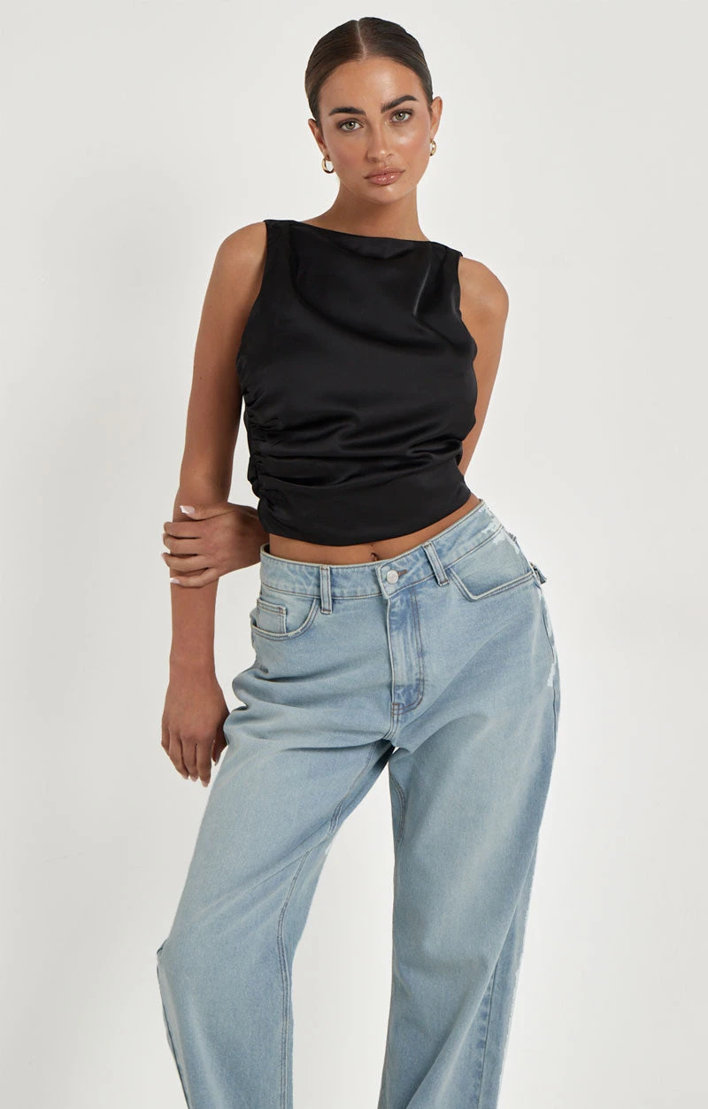 Black Satin Tie Back Top /