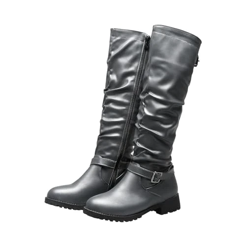 Black Sequin Low Heel Shoes Fashion Mid Belt Buckle Round Toe LowHeel Side Zipper Fashion Boots Evening Shoes UK (Grey, 5)