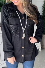 Black Sequin Patch Chest Pocket Corduroy Shacket - BLACK / / 75%POLYESTER+%VISCOSE+%ELASTANE Black Sequin Patch Chest Pocket Corduroy Shacket - BLACK / / 75%POLYESTER+%VISCOSE+%ELASTANE
