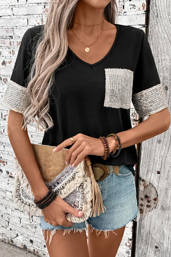 Black Sequin Pocket Patchwork Sleeve V Neck T Shirt - Colour black /