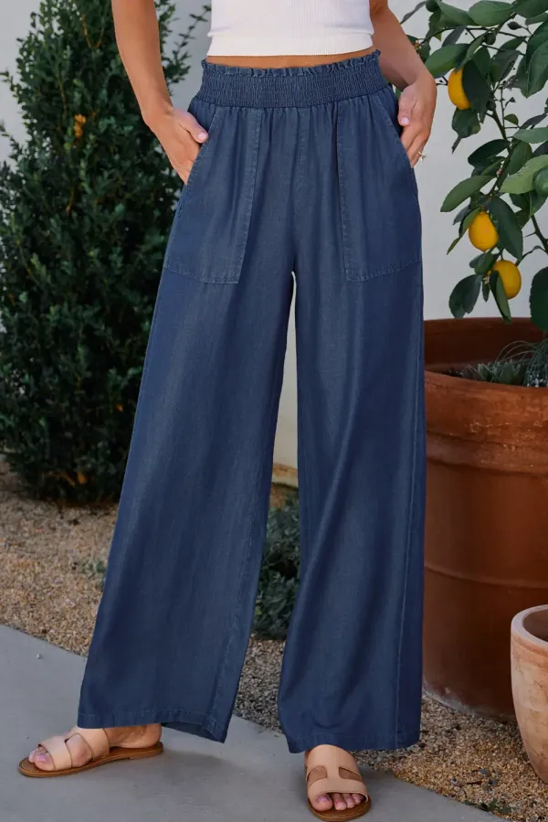 Black Side Pockets Frilled Smocked High Waist Wide Leg Jeans - SAIL BLUE / / 100%LYOCELL