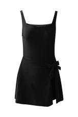 Black Side Tied Waist Square Neck Adjustable Straps A-line One Piece Swim Dress - Black / / 82%Polyamide+%Elastane