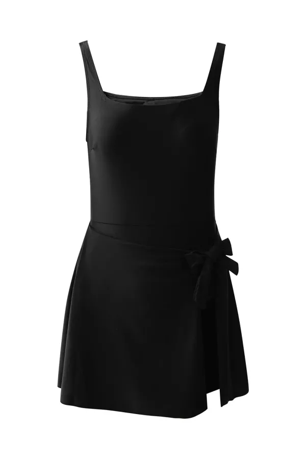 Black Side Tied Waist Square Neck Adjustable Straps A-line One Piece Swim Dress - Black / XL / 82%Polyamide+18%Elastane
